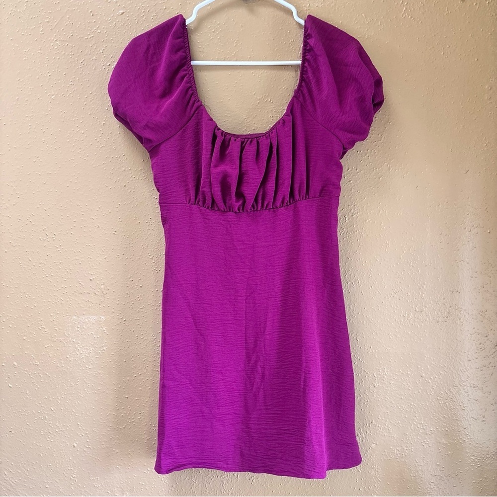 Lily Rose Womens Ruched Bust Puff Sleeve Tie Back Mini Dress Berry Purple Small